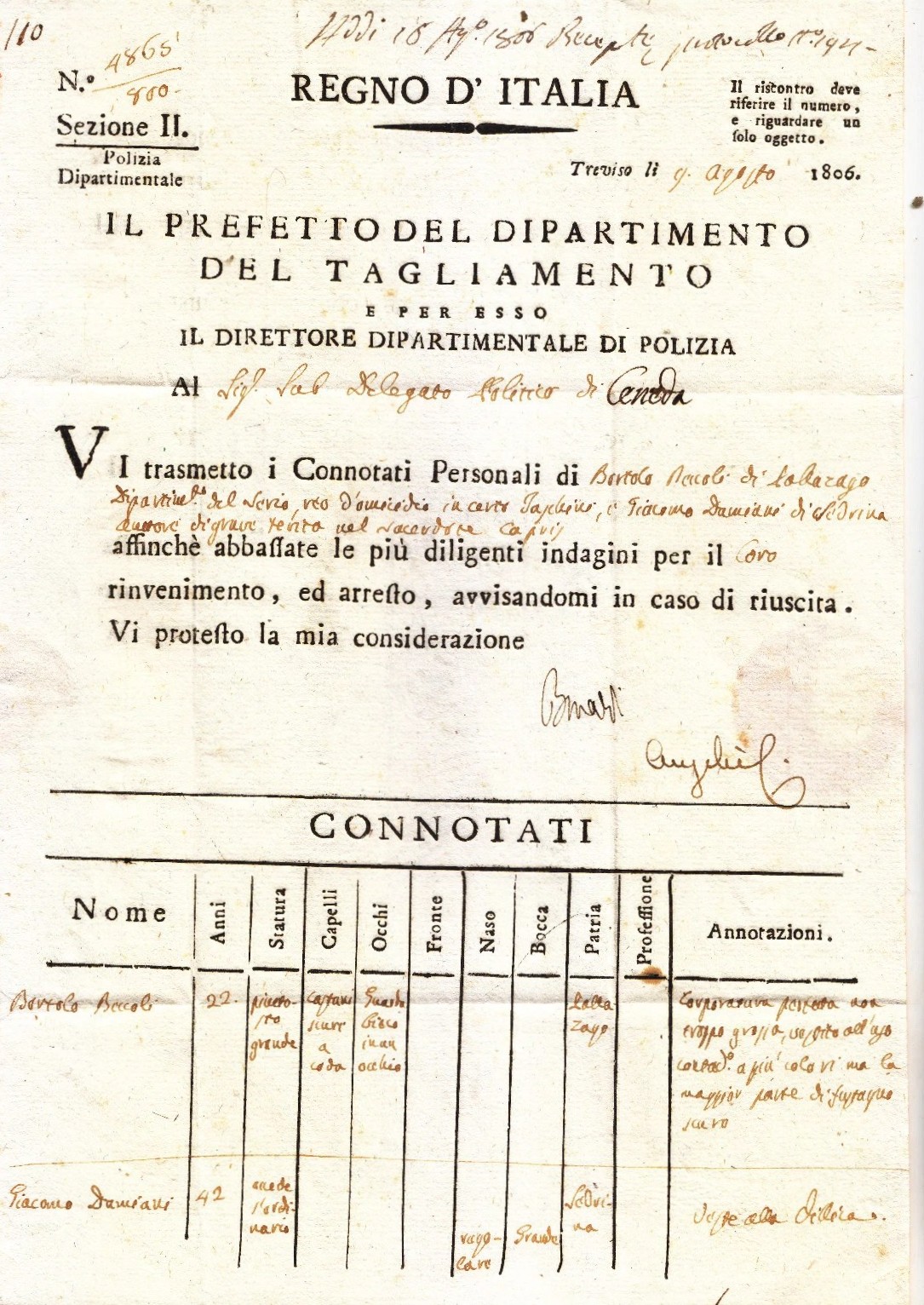 Circolare di polizia del Regno d'Italia, Treviso 9 agosto 1806