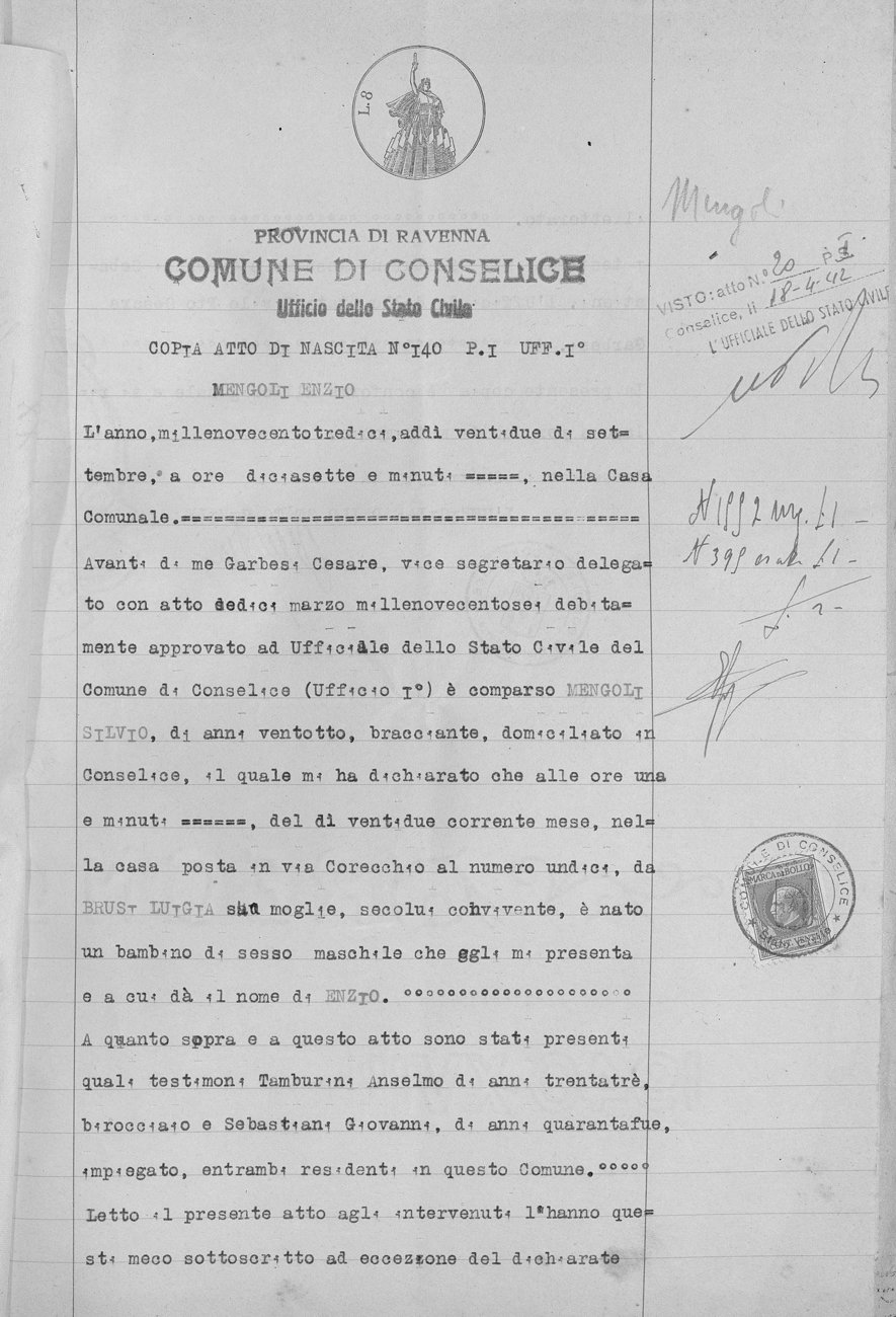 Atto di nascita, Comune di Conselice, 1913