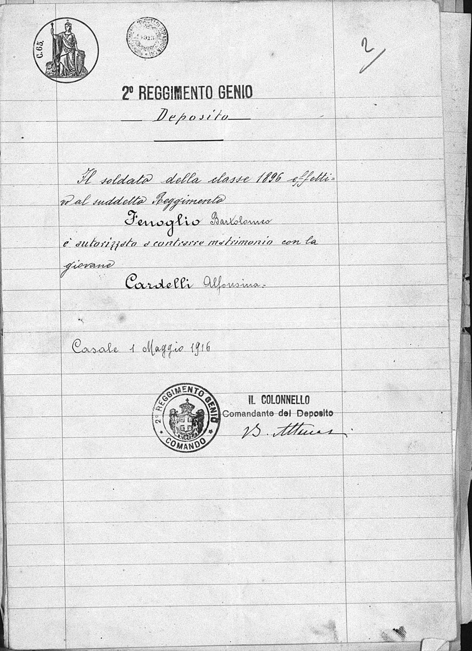 Autorizzazione al matrimonio del 2° Reggimento Genio, Casale, 1° maggio 1916