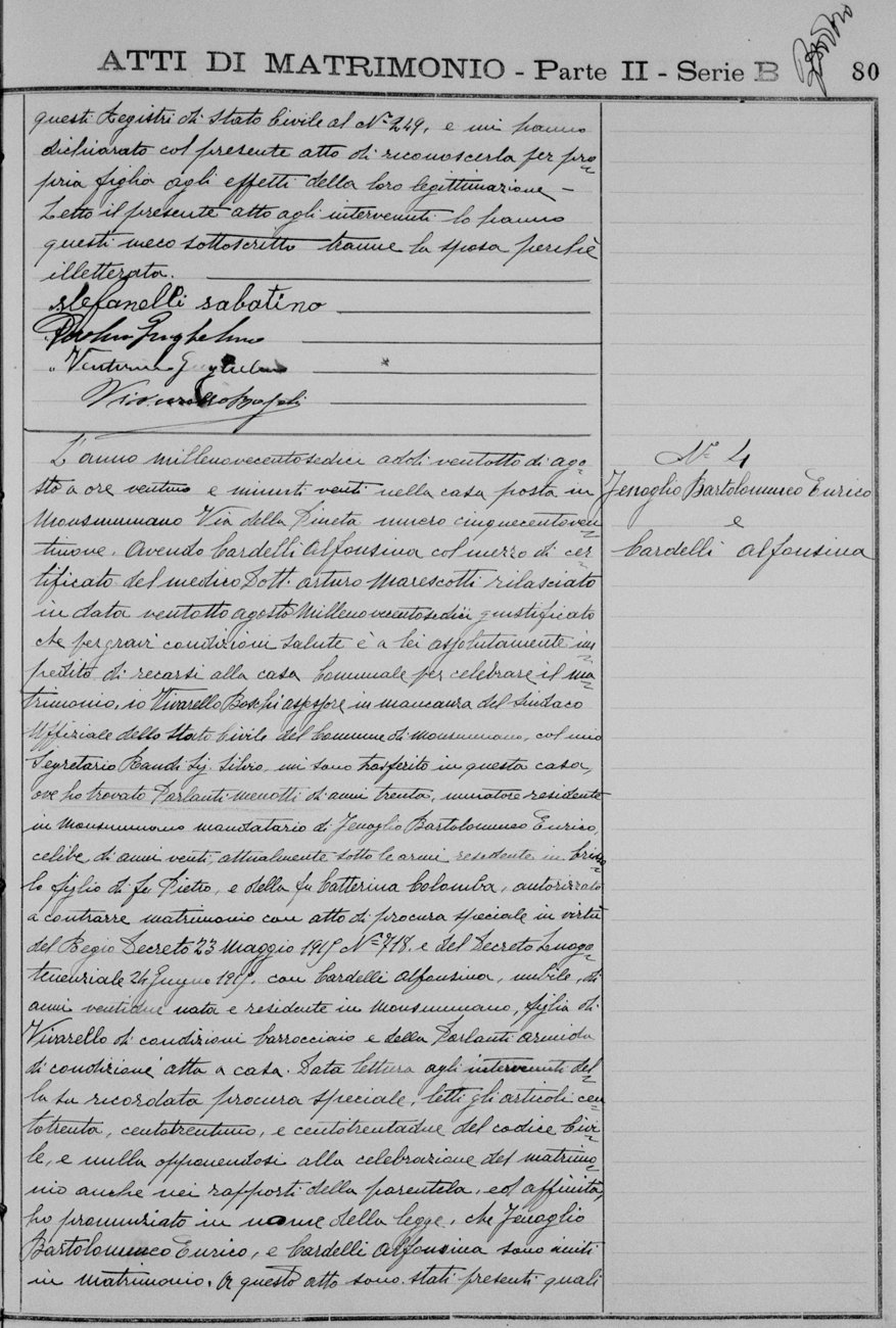 Atto di matrimonio, Comune di Monsummano, parte II serie B, n. 4, 28 agosto 1916