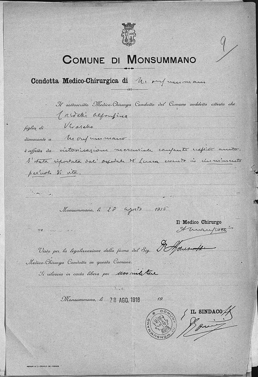 Certificato del medico condotto di Monsummano, 28 agosto 1916