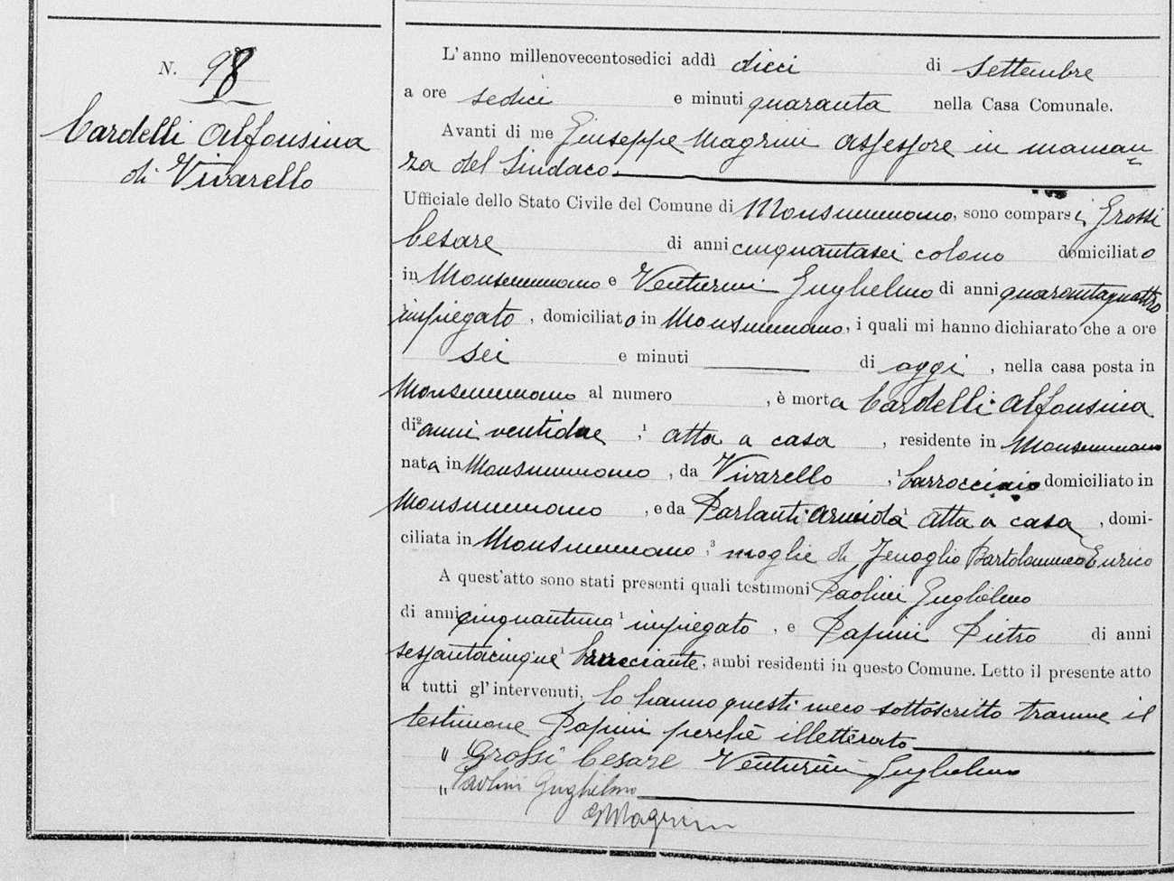 Atto di morte n. 98, Comune di Monsummano, 10 settembre 1916