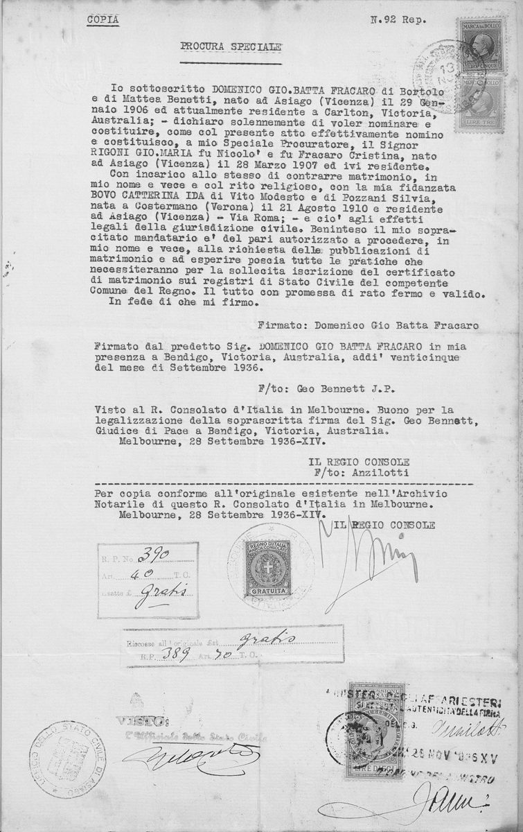 Procura speciale n. 92 Rep., firmata a Bendigo il 25 settembre 1936