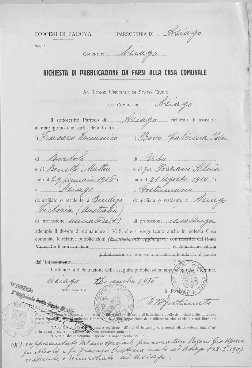 Richiesta di pubblicazione mod. IX, Parrocchia di Asiago, 1 dicembre 1936