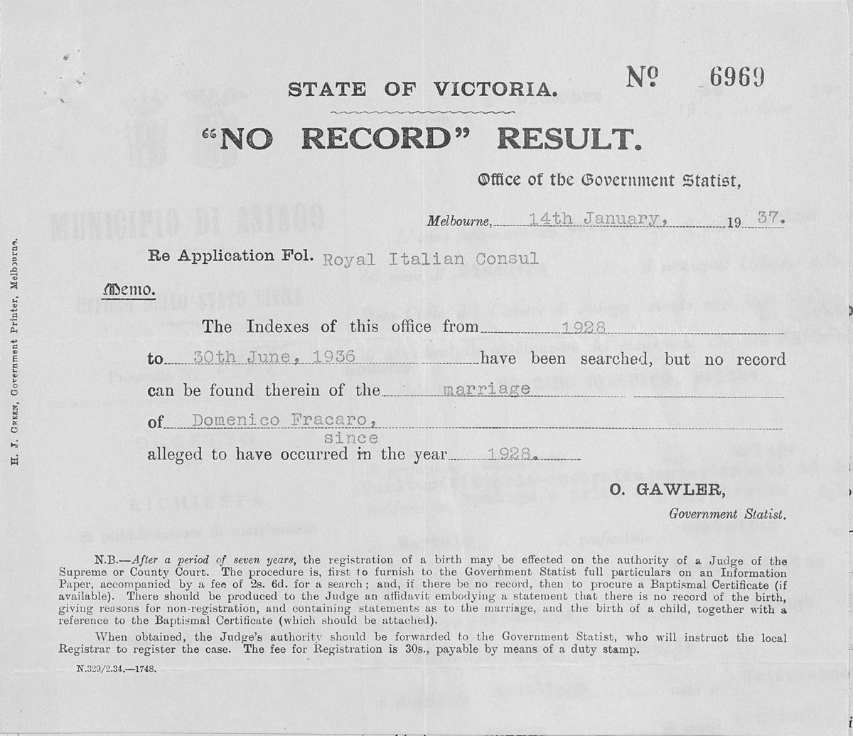 «No Record» Result n. 6969, Office of the Government Statist, Melbourne, 14 gennaio 1937