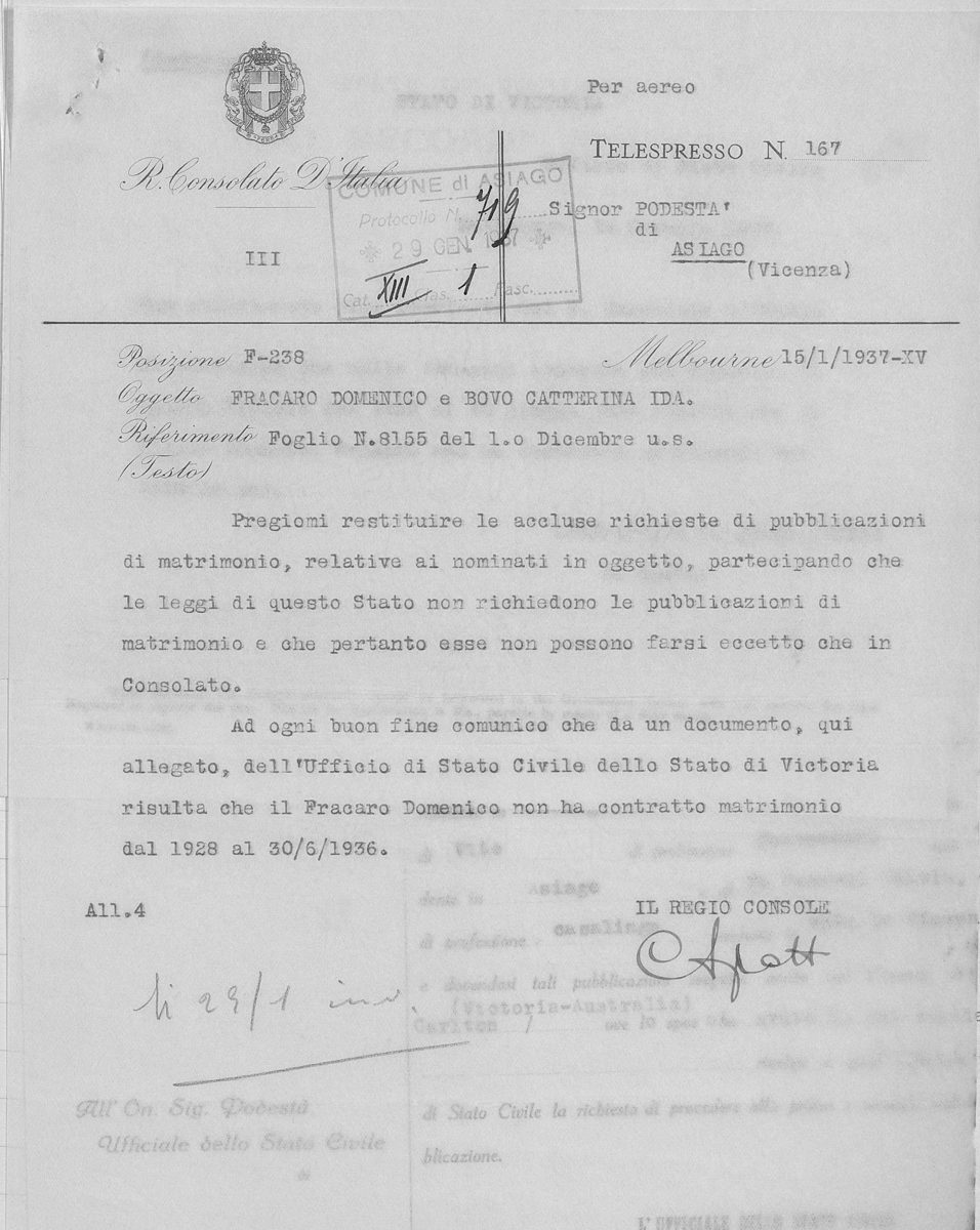 Telespresso n. 167 del R. Consolato d'Italia in Melbourne, 15 gennaio 1937