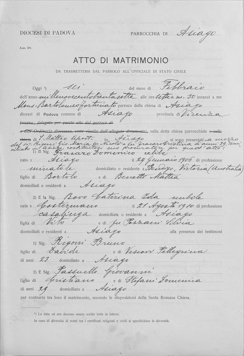Atto di matrimonio parrocchiale mod. XV, recto — 6 febbraio 1937