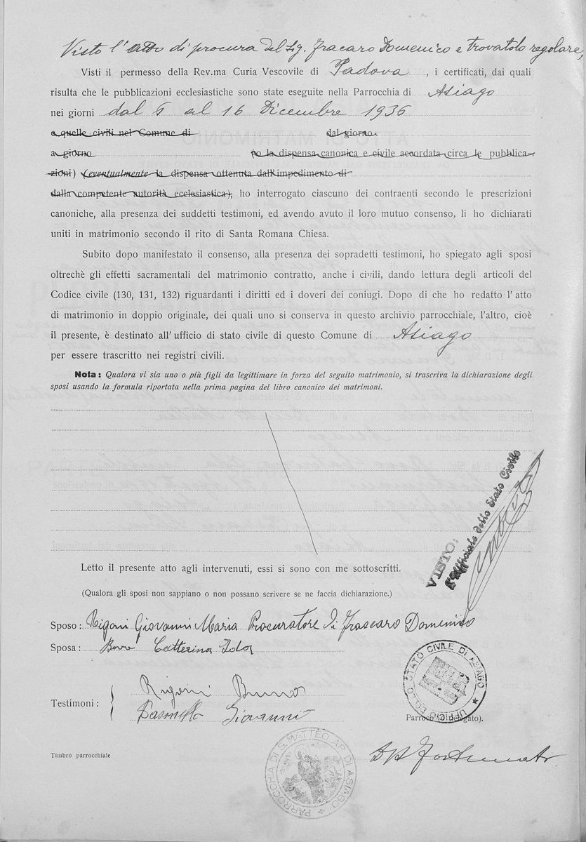 Atto di matrimonio parrocchiale mod. XV, verso — firme e attestazioni