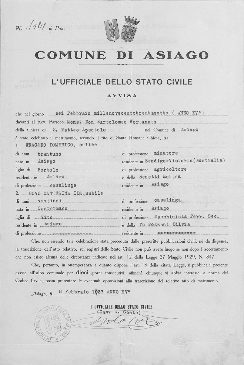 Avviso protocollo 1041, Comune di Asiago, 8 febbraio 1937