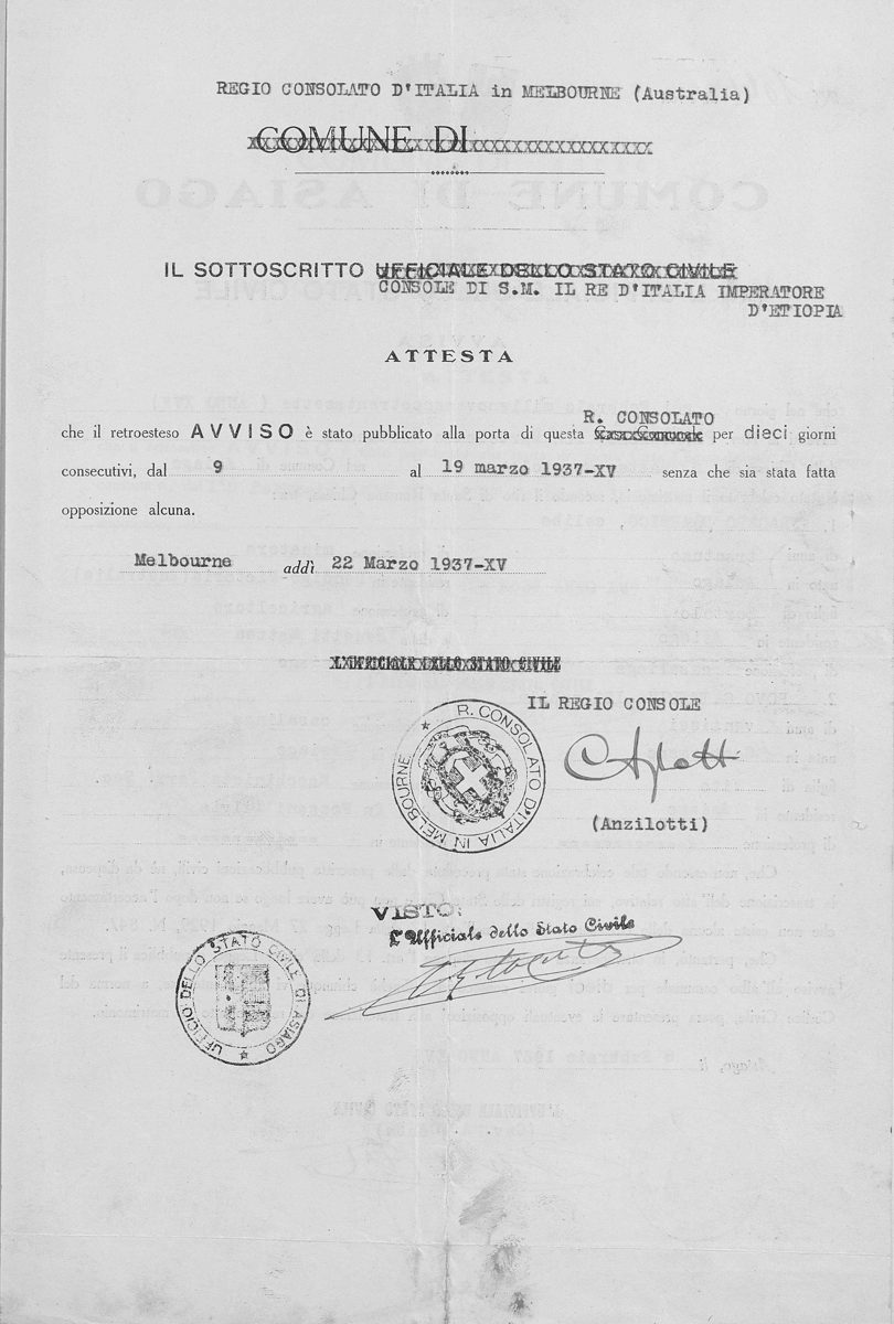 Attestazione del R. Consolato d'Italia in Melbourne, 22 marzo 1937