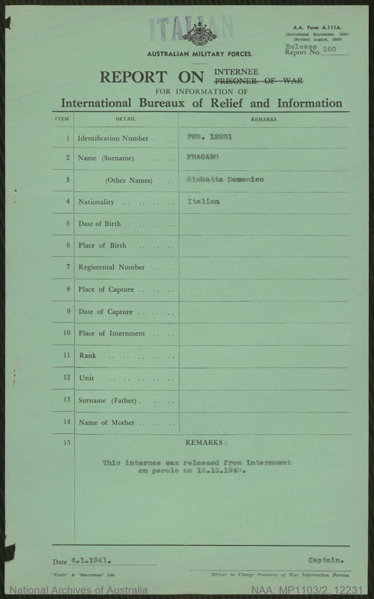 Report on Internee, release, 4 gennaio 1941