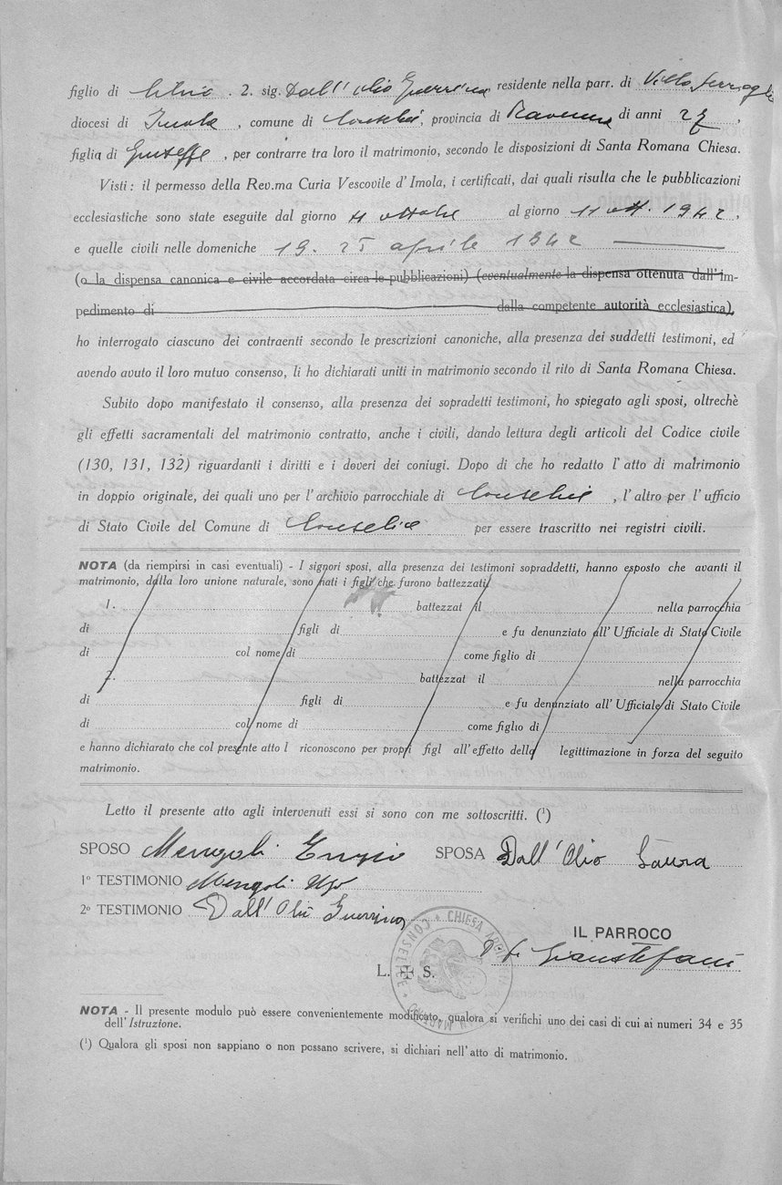 Atto di matrimonio parrocchiale, firme, 17 ottobre 1942