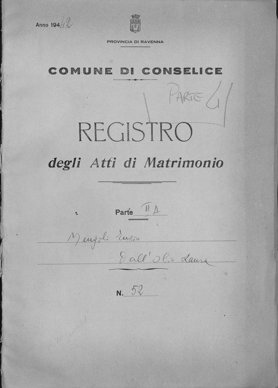 Registro degli atti di matrimonio del Comune di Conselice, 1942, parte II serie A, n. 52