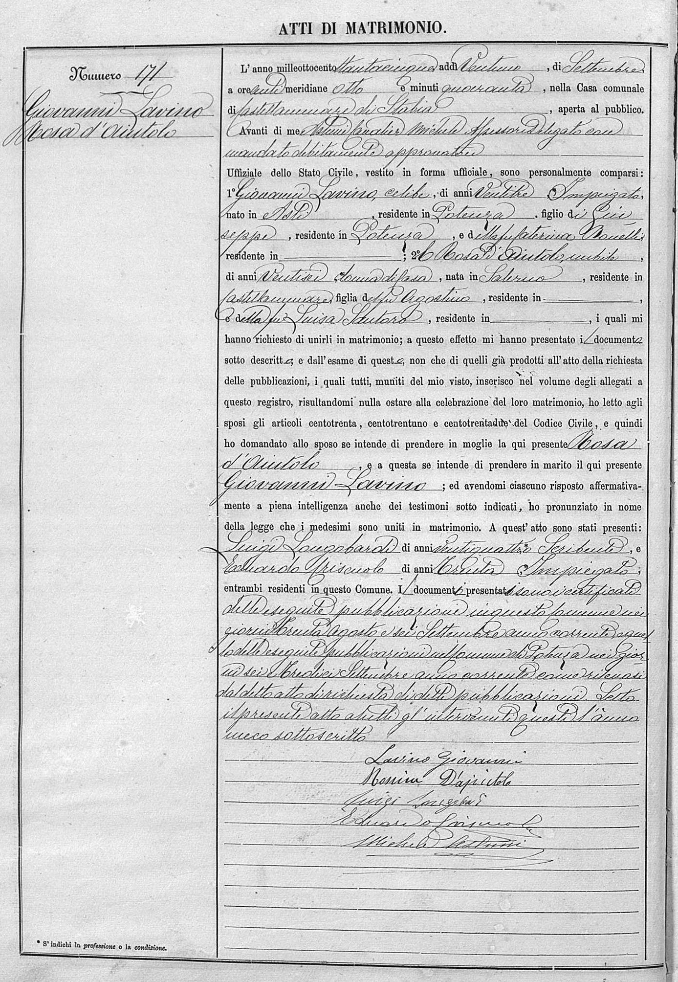 Atto di matrimonio n. 171, Castellammare di Stabia, 21 settembre 1885