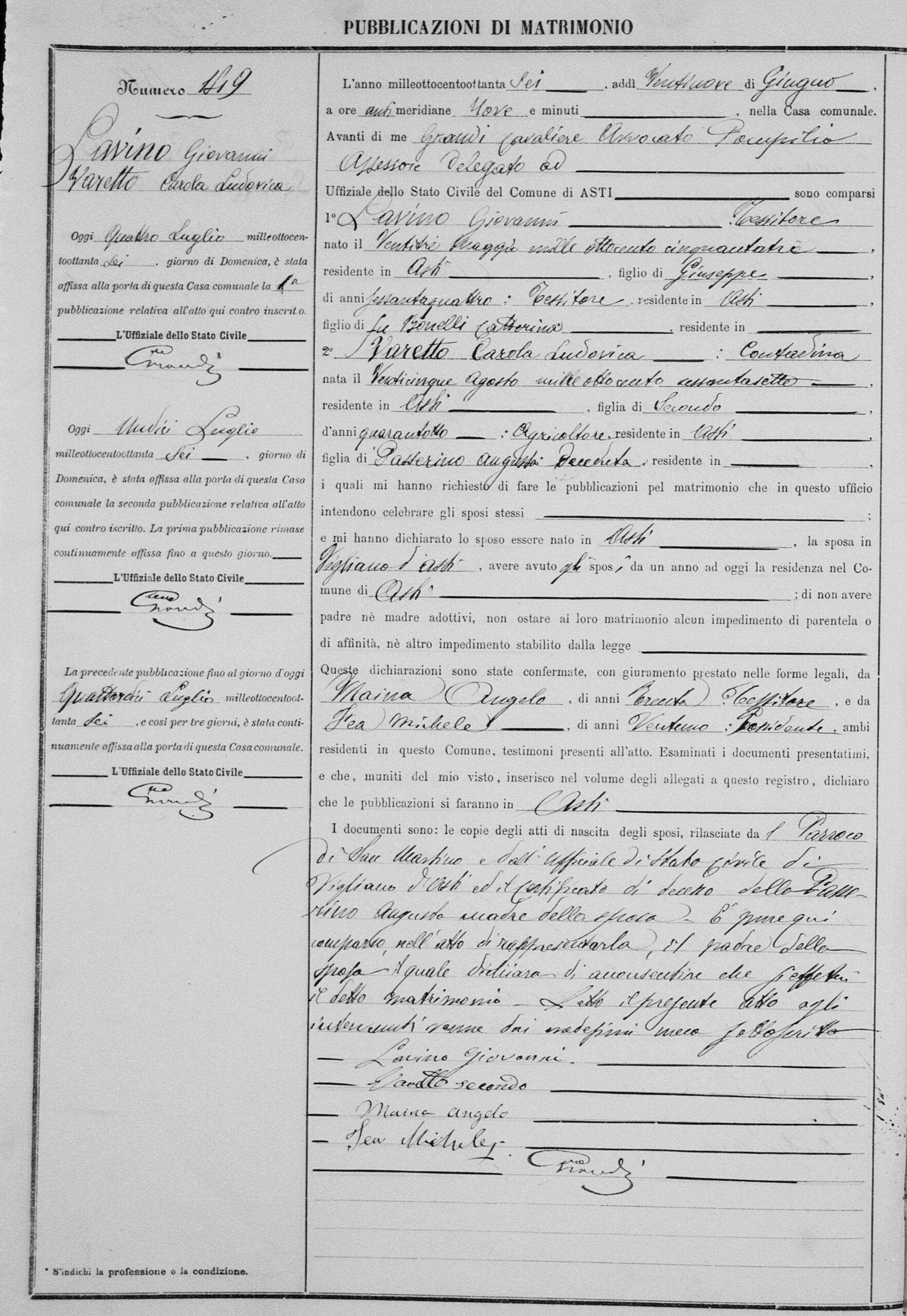 Atto di pubblicazione di matrimonio, Asti 1886