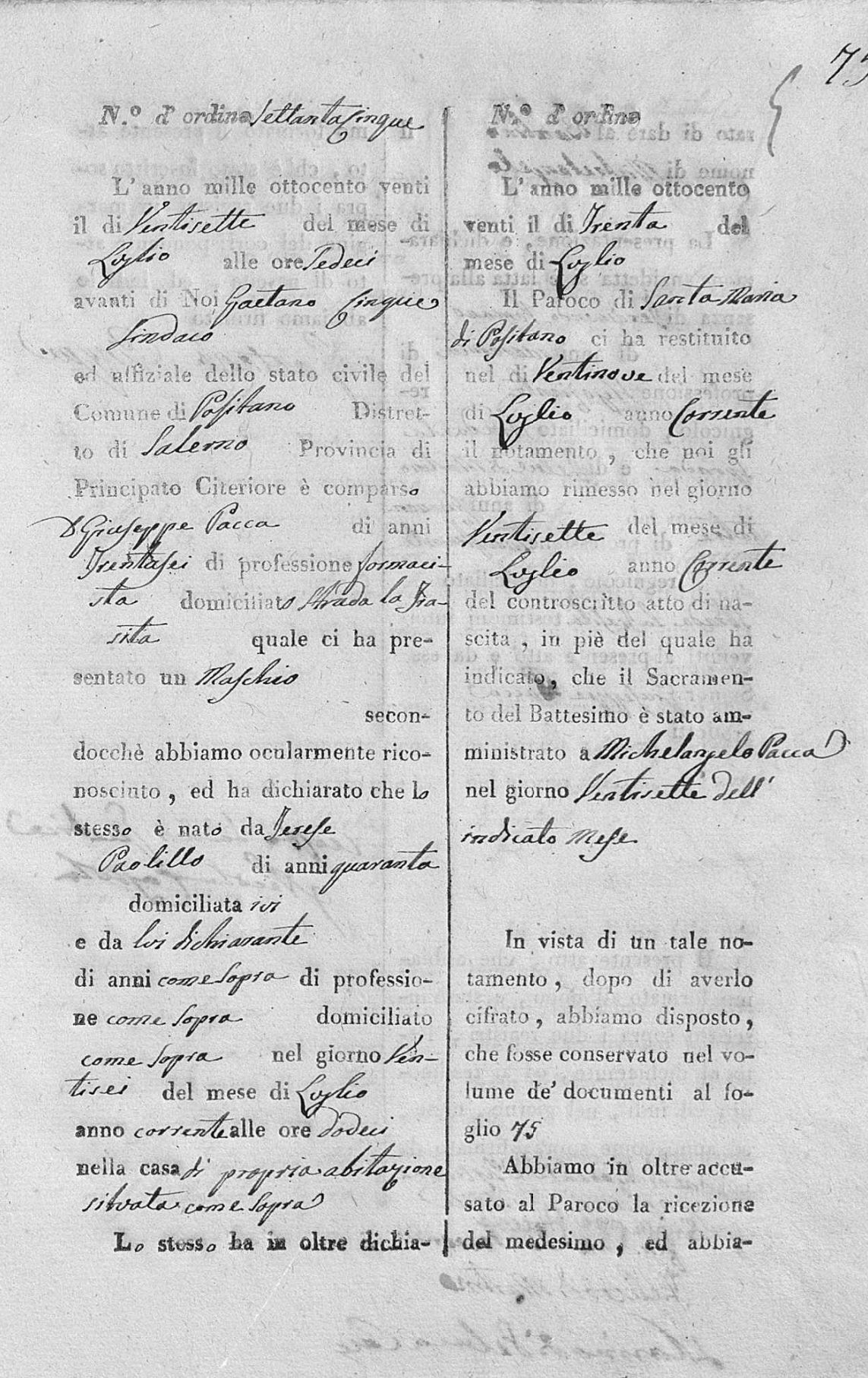 Atto di nascita di Michelangelo Pacca, Positano 1820