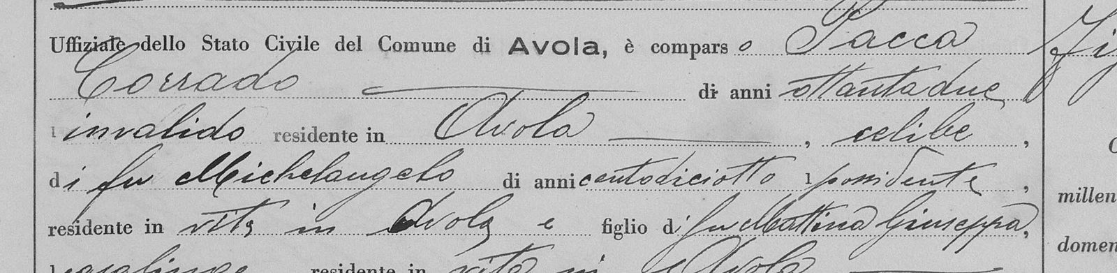 Dettaglio dell'atto di pubblicazione: di fu Michelangelo di anni centodiciotto