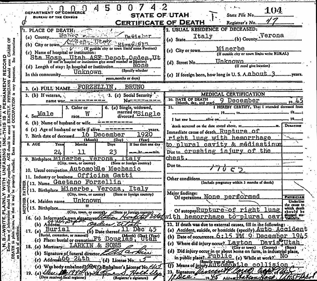 Il certificato di morte dello Utah: il decesso a Ogden il 9 dicembre 1945, per incidente stradale.