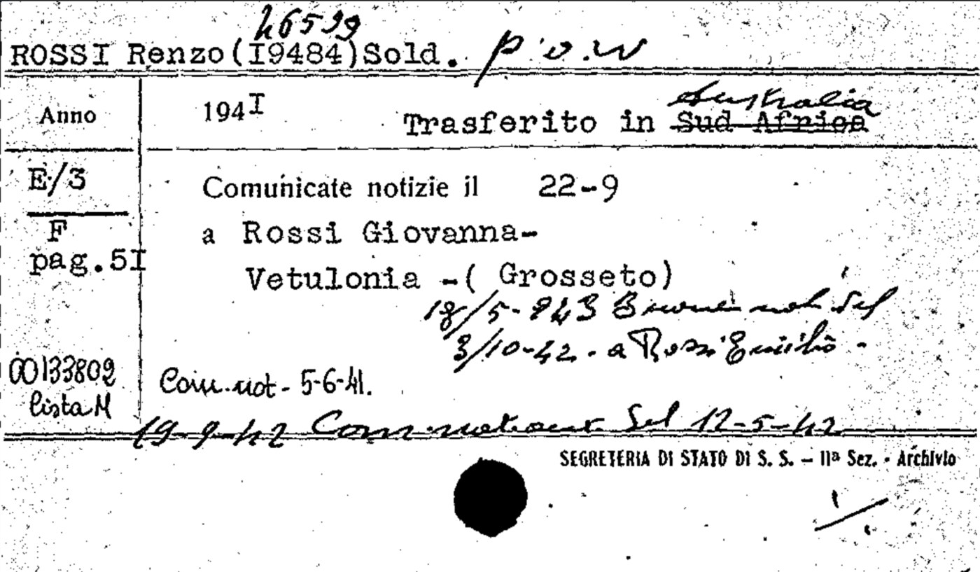 La scheda dello schedario vaticano Inter Arma Caritas: il trasferimento in Australia (corretto da «Sud Africa») e le notizie comunicate alla madre Giovanna e al padre Emilio, a Vetulonia.