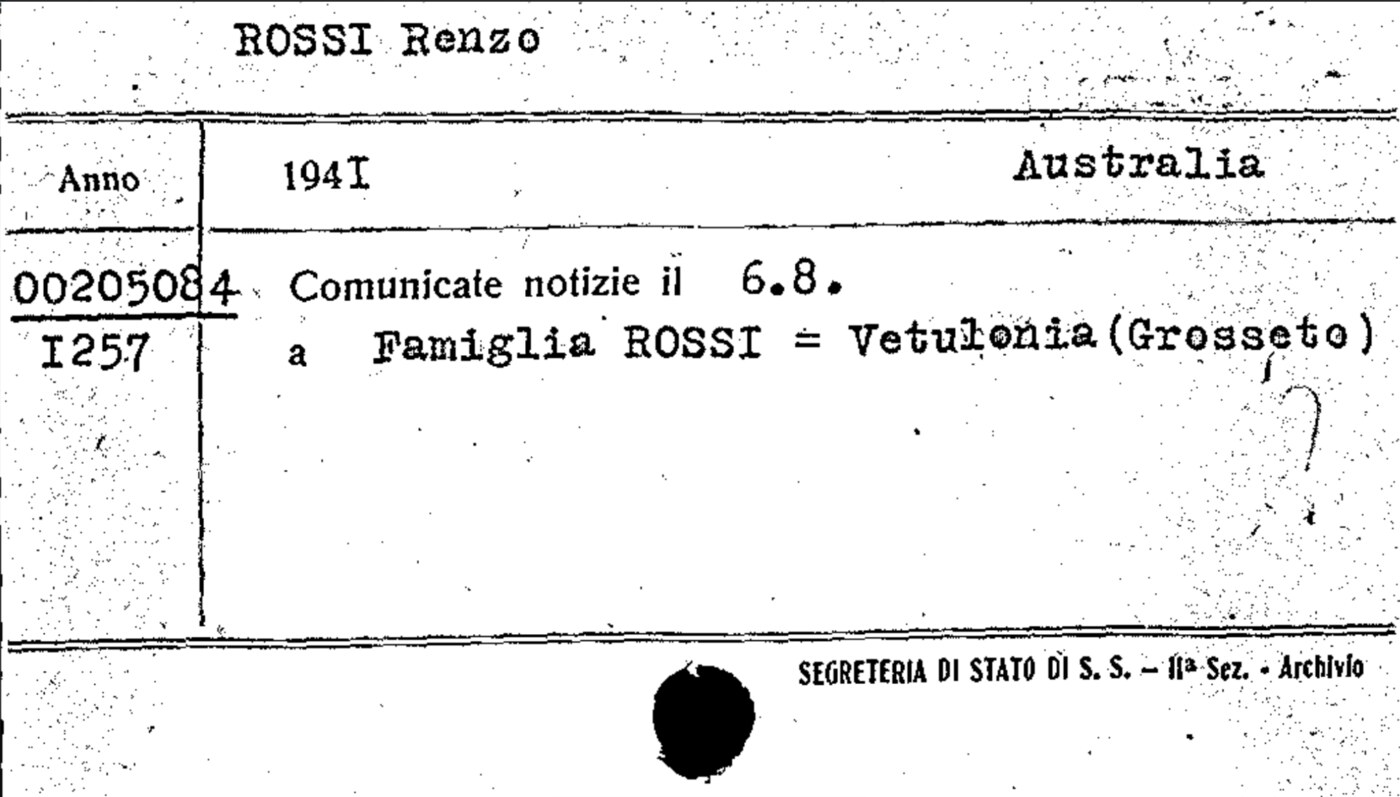 Una seconda scheda vaticana conferma la prigionia in Australia e le notizie trasmesse alla famiglia Rossi nel 1941.