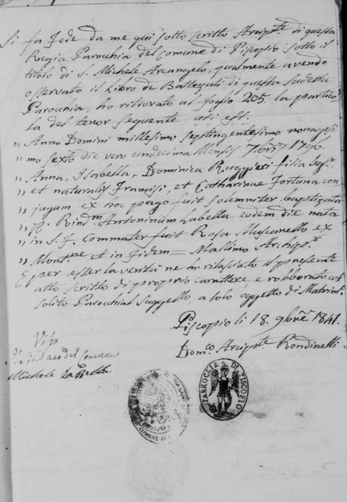 Fede di battesimo di Anna Ruggieri, Piscopio 1796, rilasciata nel 1841