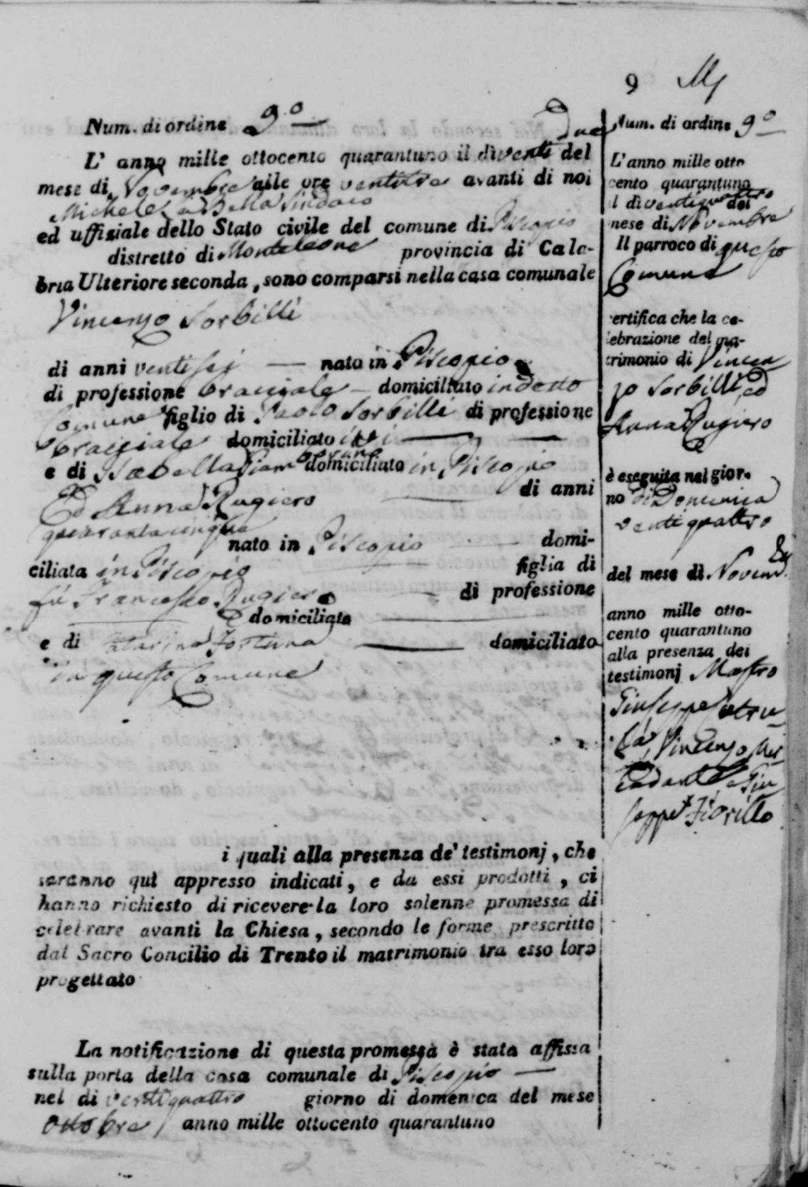 Atto della solenne promessa di matrimonio, Piscopio 1841, numero 9