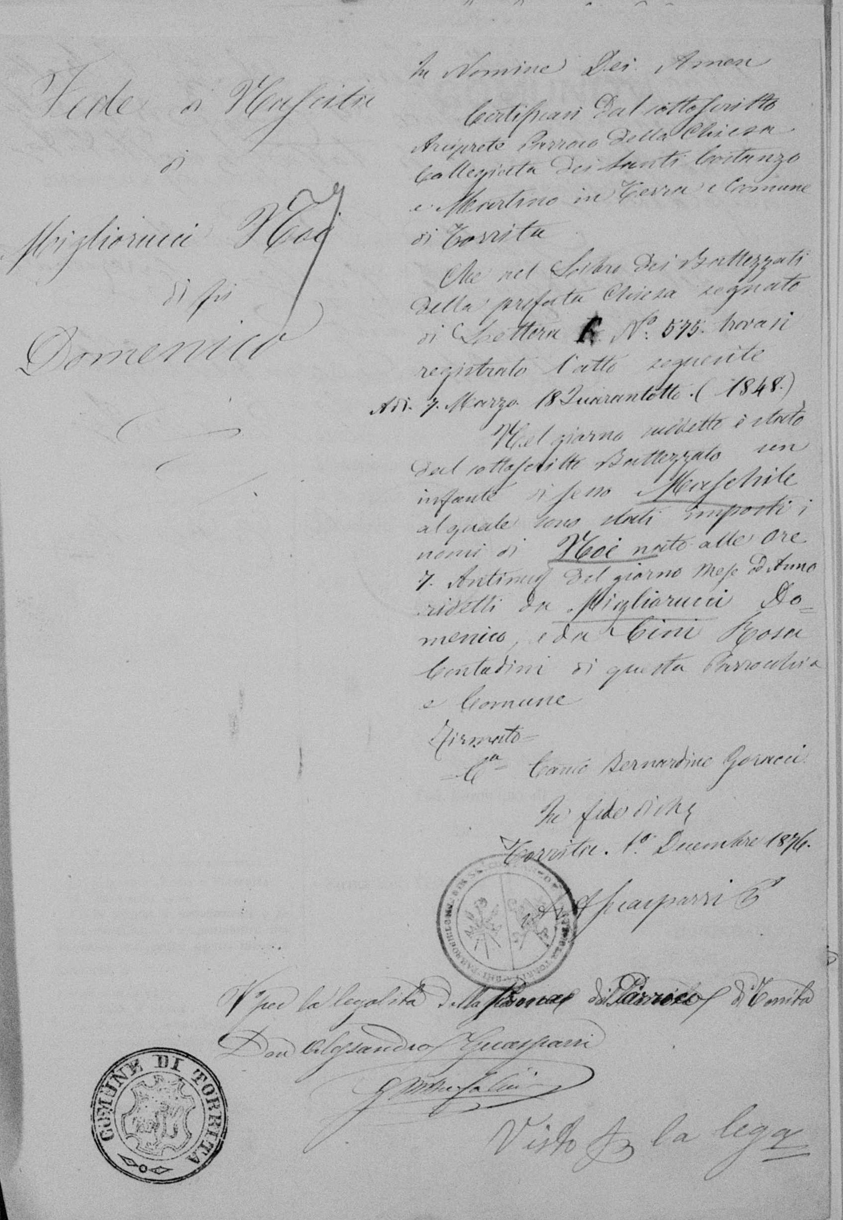 Fede di nascita di Noè Migliorucci, 1848