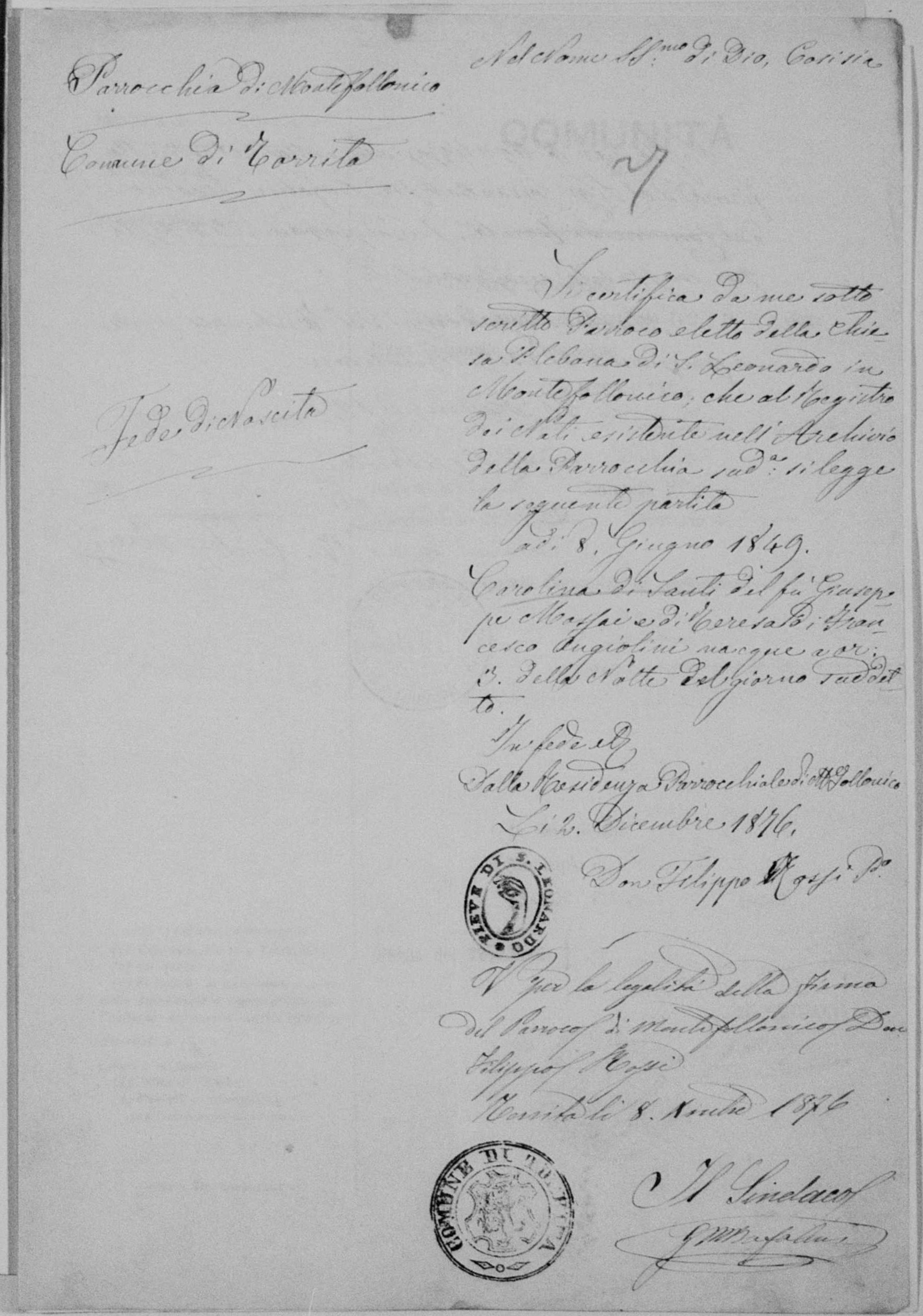 Fede di nascita di Carolina Massai, 1849