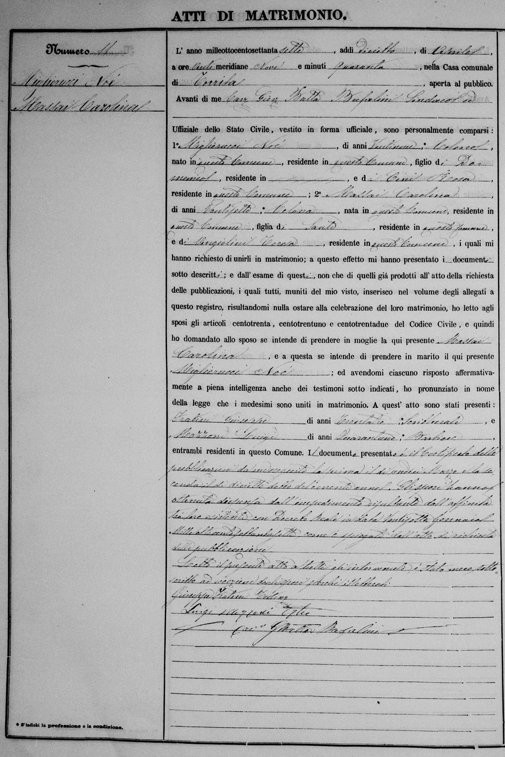 Atto di matrimonio Migliorucci–Massai, Torrita 18 aprile 1877
