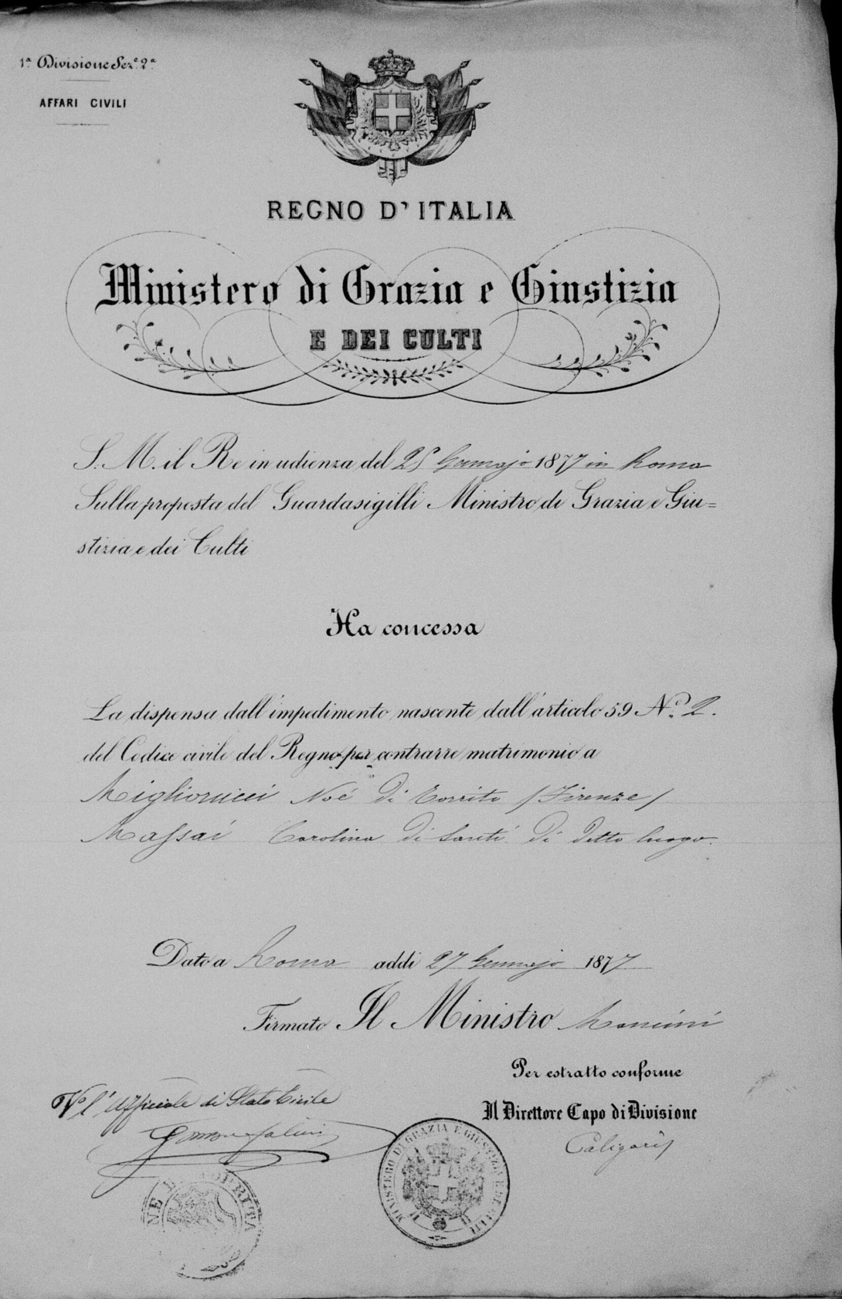 Decreto reale di dispensa, 27 gennaio 1877